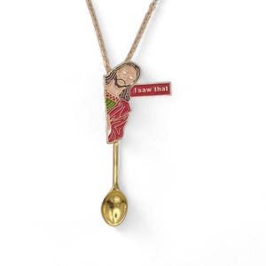 Funny Jesus Small Spoon Necklace | &#39;I Saw That&#39; | Mini Spoon Novelty Pendant on Long Gold Chain | Religious Christ Christian Faith