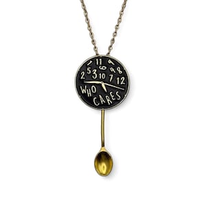 Funny Small Spoon Novelty Necklace | &#39;I Am Very Busy.&#39; &#39; Who Cares&#39; Clock Mini Black Pendant on Long Silver/Gold Chain | Witty Melting Clock