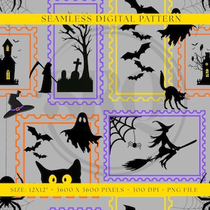 May include: A seamless digital pattern on a gray background featuring black Halloween silhouettes inside orange and purple postage stamp frames. Elements include a haunted house, a grim reaper, a graveyard, bats, a black cat, a ghost, and a witch on a broomstick. Text reads: SEAMLESS DIGITAL PATTERN, SIZE: 12X12 - 3600 X 3600 PIXELS - 300 DPI - PNG FILE.