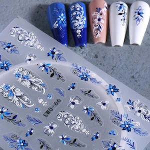Blue Floral and Swirl Nail Decal Stickers, Fancy Nail Art, Self Adhesive Nail Art, Blue & White Flower Nail Stickers, Nail Tech Supplies