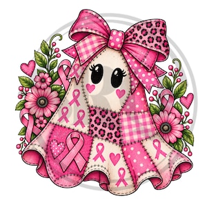 May include: A ghost illustration featuring a patchwork design of pink breast cancer awareness ribbons, leopard print, gingham, and polka dots. The ghost wears a large pink bow and is surrounded by pink flowers, green leaves, and small hearts.