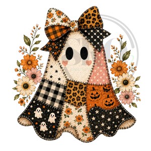 Fantasma patchwork PNG, simpatico design di fantasma di Halloween, simpatico Summerween PNG, design di fantasma civettuolo patchwork per magliette, fantasma e fiori PNG