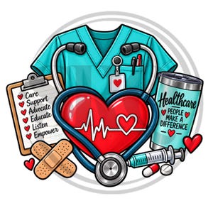 May include: A teal scrub top, a stethoscope forming a heart shape with an EKG line, a clipboard with a checklist, a teal tumbler with the text Healthcare People Make A Difference, two adhesive bandages, a syringe, and two pills with red hearts.