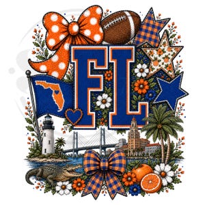 May include: A graphic design featuring the letters FL in blue with orange outlines, surrounded by Florida-themed elements including an orange polka dot bow, a football, a lighthouse, a bridge, an alligator, palm trees, oranges, and flowers.