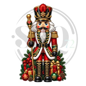 May include: A nutcracker figure wearing a red and black uniform with gold accents, a tall hat with a red feather, and a white beard. The figure holds a gold staff and stands amidst green pine branches, red berries, pinecones, and wrapped gift boxes.