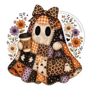 Fantasma patchwork PNG, simpatico design di fantasma di Halloween, Summerween PNG, design di fantasma civettuolo patchwork per magliette, fantasma e fiori PNG