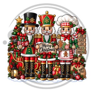 May include: A festive illustration featuring three nutcracker figures. One wears a top hat, one a traditional crown, and one a chef hat. They are surrounded by a Christmas tree, gifts, a sleigh, a lantern, and a sign reading Joy, Peace, Love, Believe, Christmas, North Pole.