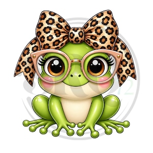 May include: A cartoon frog with large brown eyes and pink cheeks, wearing light pink cat-eye glasses and a large leopard print bow on its head. The frog has a light green body with a cream-colored belly and four webbed feet with rounded toes.