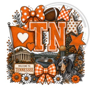 Op de afbeelding: Een grafische illustratie met de letters TN in oranje, een football, sterren en oranje strikken. Het bevat een Tennessee-bord, een raderboot, een brug, het Parthenon, een waterval en een Bluetick Coonhound-hond met oranje bloemen.
