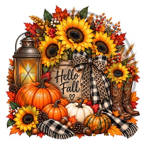 Puede incluir: Un arreglo decorativo con girasoles, calabazas naranjas y blancas, un farol rústico y botas marrones. Un letrero de madera en el centro muestra el texto Hello Fall con un corazón. Se incluyen una cinta y una bufanda de cuadros blanco y negro.
