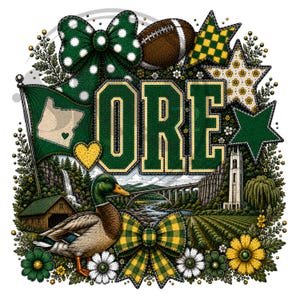 Pode incluir: Um design gráfico com o texto ORE em letras universitárias verdes, um pato-real, uma bola de futebol americano, uma bandeira com o contorno de um estado, uma ponte, uma torre e um celeiro. Inclui laços, estrelas e flores verdes e amarelas.