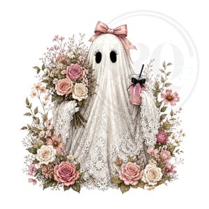 May include: A ghost figure draped in a white lace sheet, wearing a pink bow on its head. It holds a large bouquet of pink and white roses in one hand and a pink drink with a black straw and bow in the other, surrounded by floral arrangements.