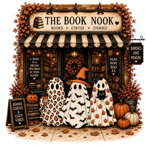 Vintage Book Nook PNG, Ghost Book Design, Summerween Ghost PNG, Ghost Book Shore Design For T-shirts, Ghost Books Coffee PNG