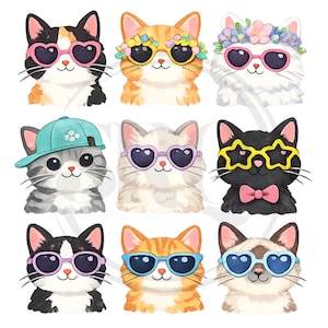 Pode incluir: Uma coleção de nove cabeças de gato ilustradas com vários acessórios. Os gatos usam óculos de sol em forma de coração, estrela ou redondos, um boné de beisebol turquesa, uma gravata borboleta rosa e coroas de flores em estilo aquarela.