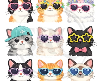 Cat With Glasses PNG, Watercolor Cool Cat PNG, 9 Cat Design, Cat Lover PNG For T-shirts, Cute Cat Watercolor Wall Art