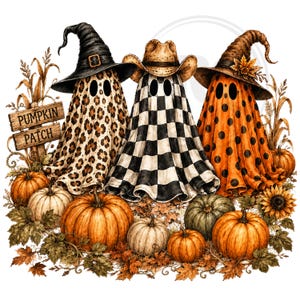 May include: Three ghosts stand in a pumpkin patch. The left ghost wears a black witch hat and leopard print sheet. The center ghost wears a cowboy hat and checkered sheet. The right ghost wears a brown hat and orange polka dot sheet.