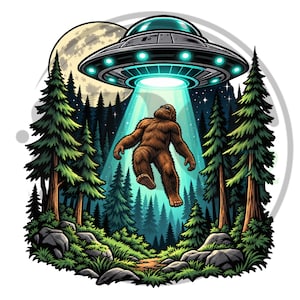 Puede incluir: Una ilustración gráfica de una criatura Bigfoot marrón y peluda siendo abducida por un OVNI metálico circular que emite un haz de luz azul verdoso. La escena se desarrolla en un denso bosque de pinos por la noche con una luna pálida.
