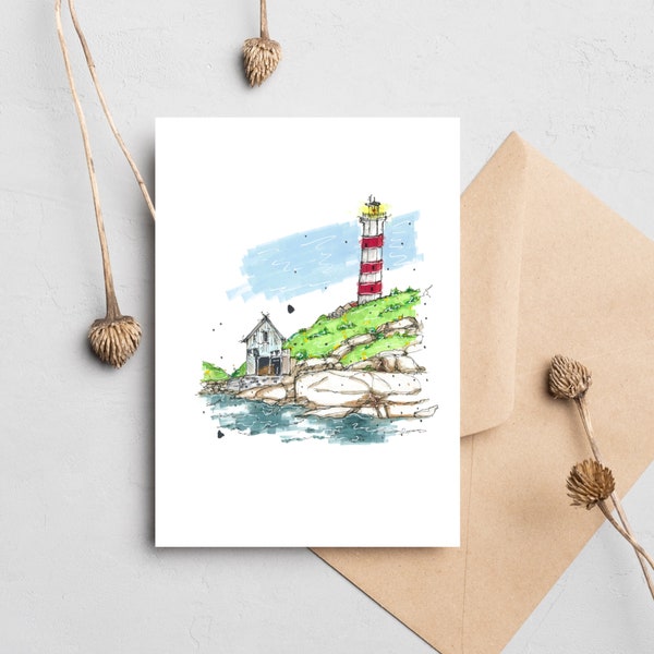 Sambro Island Lighthouse, Halifax, Storefront Sketch, Greeting Card with Envelope, Downtown Sketcher, Wynand van Niekerk