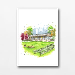 Peut inclure: Une illustration à l'aquarelle d'un bâtiment avec une enseigne indiquant "916" devant une pelouse verte avec un vignoble et une vue sur la ville en arrière-plan.