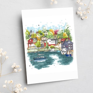 Baddeck Waterfront, île du Cap-Breton, Nouvelle-Écosse, carte de voeux avec enveloppe, Downtown Sketcher, Wynand van Niekerk