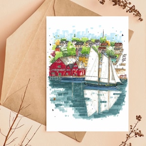 Bluenose II dans le port de Lunenburg, esquisse de devanture, carte de voeux avec enveloppe, esquisse du centre-ville, Wynand van Niekerk