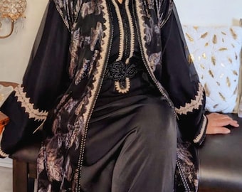 Black Moroccan Caftan for Women 2 Pieces - Traditional Silk Crepe Dress, Tlija, Embroidered - Handmade Chic Wedding or Eid