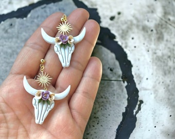 Cow Skull Rose Crown Clay Earring | Longhorn Skull Earring | Flower Earring | Chic Rose Crown