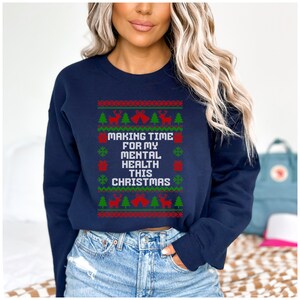Christmas Mental Health Crewneck Sweatshirt Making Time For My Mental Health Navy Blue Knitted Holiday Pullover