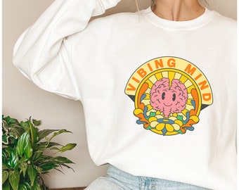 Mental hälsa medvetenhet retro rund hals tröja, vibrerande hjärna grafisk tröja trendig självmordsprevention hjärna gåva för terapeut