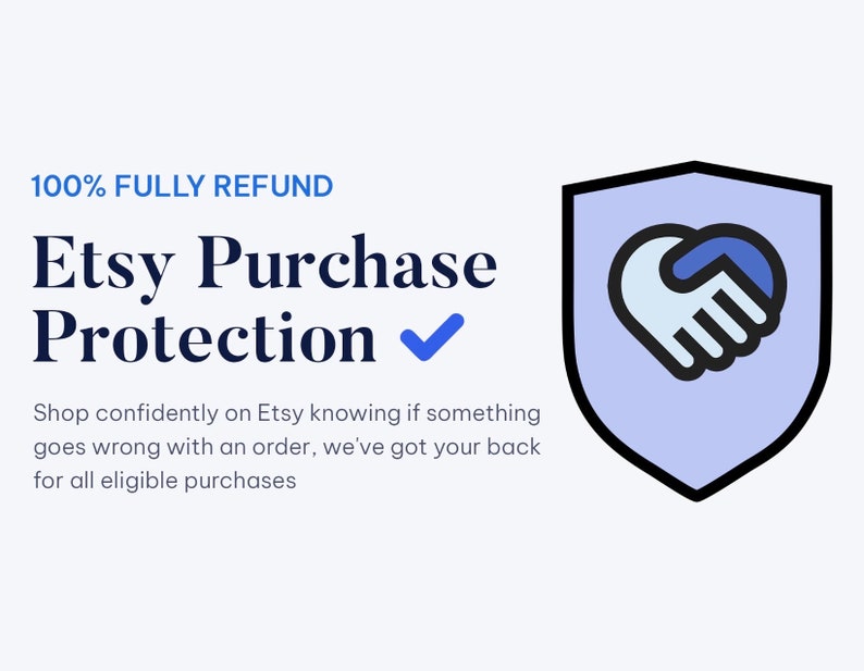 Puede incluir: Logotipo de Etsy Purchase Protection con un escudo azul que contiene un coraz&oacute;n blanco y dos manos que se dan la mano. El texto dice "100% REEMBOLSO COMPLETO Etsy Purchase Protection" con una marca de verificaci&oacute;n azul. El texto debajo dice "Compra con confianza en Etsy sabiendo que si algo sale mal con un pedido, te cubrimos para todas las compras elegibles."