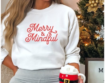 Geestelijke gezondheid kersttrui Merry and Mindful rode vakantietrui met ronde hals