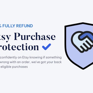 Op de afbeelding: Etsy Purchase Protection logo met een blauw schild met een wit hart en twee handen die elkaar schudden. De tekst luidt "100% VOLLEDIGE TERUGBETALING Etsy Purchase Protection" met een blauw vinkje. De tekst hieronder luidt "Koop met een gerust hart op Etsy, want als er iets misgaat met een bestelling, hebben we je rug voor alle in aanmerking komende aankopen."