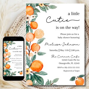 A little cutie is on the way baby shower invitation, Editable Clementine Orange Gender Neutral Invite, citrus baby brunch invitation digital