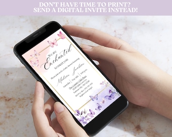 Può includere: Un invito digitale per una baby shower con uno sfondo acquerellato rosa e viola. L'invito presenta farfalle, fiori e dettagli dorati. Il testo recita "We are Enchanted to meet you" e include il nome "Madison Suebsen" e la data e l'ora dell'evento.