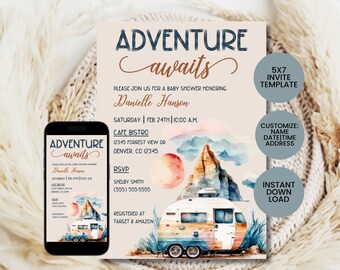May include: A 5x7 inch printable baby shower invitation template with a watercolor illustration of a mountain range, a camper van, and a sunset. The text "Adventure awaits" is written in a cursive font. The invitation is customizable with the name, date, time, and address. It is available for instant download.