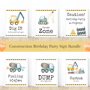 EDITIERBARE Bauparty Schilder Bundle, Bauwagen Party Dekoration, Baumaschinen Geburtstag Essen Trinkschilder