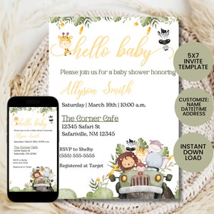 Safari baby shower invitation, jungle baby shower invitation, baby shower invitations gender neutral, hello baby safari shower