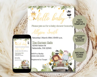 Safari Baby Shower Invitation: Gender Neutral Jungle Theme (Canva Template)