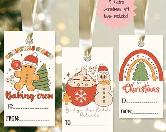 May include: Nine printable Christmas gift tags with retro illustrations. The tags feature a gingerbread man, a snowman, and a Christmas tree with a rainbow. Each tag has space for "To:" and "From:" and includes the text "Christmas Cookie Baking Crew", "Baby it's cold outside", and "Happy Christmas".