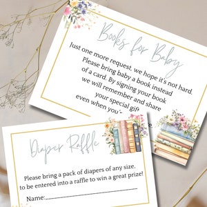 Een nieuw hoofdstuk begint babyshower, boekthema babyshower-uitnodigingskaarten, verhalenboekboeken voor babykaarten, luierloterijkaart met boekthema