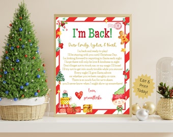 May include: A printable Christmas elf letter with red and white stripes, a gingerbread man, and a Christmas elf. The letter reads "I'm Back!" and is addressed to Emily, Lydia, and Noah. The letter says "I'll be staying with you until Christmas Day. I'm looking forward to reporting to Santa each night. I hope there will only be love and kindness in sight. Don't forget not to touch me, or my magic I'll loose! I'll try not to get into much trouble while you snooze! Every night I'll give Santa advice on whether you've been naughty or nice. There is so much fun for us to share, you'll never know when I might show up somewhere! Love, snowflake."