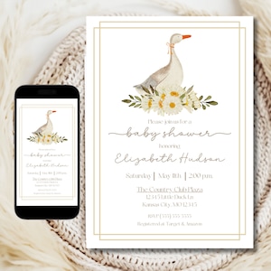baby shower invitation goose, duck themed baby shower invitation, goose baby shower evite, spring baby shower invitation gender neutral