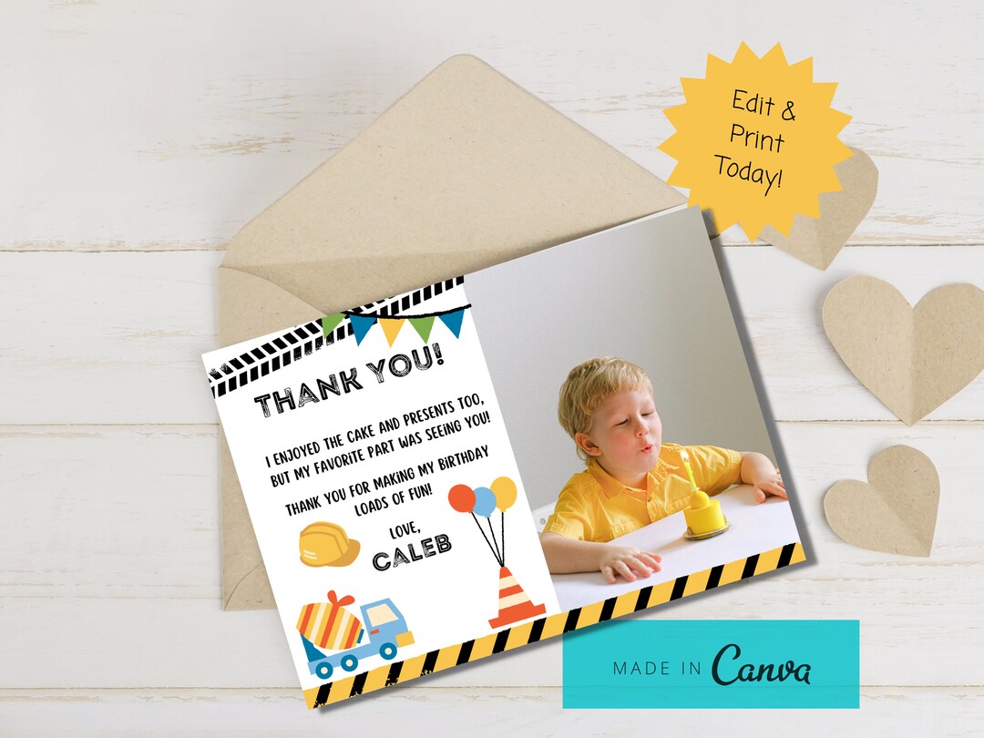 Construction Birthday Thank You Card: Editable Template (canva) - Etsy