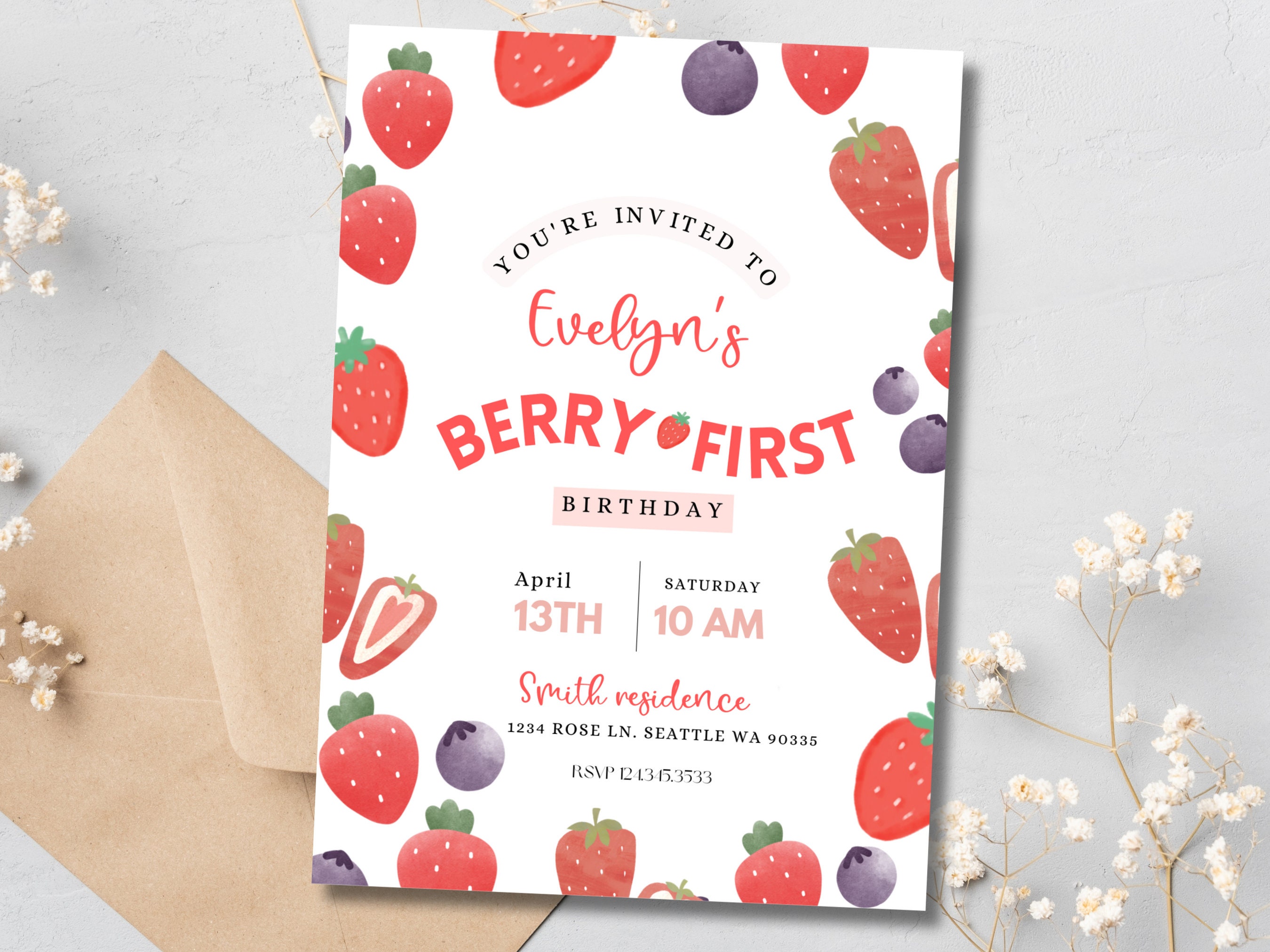 Berry First Birthday Invitation Blueberries, Strawberry Birthday Party