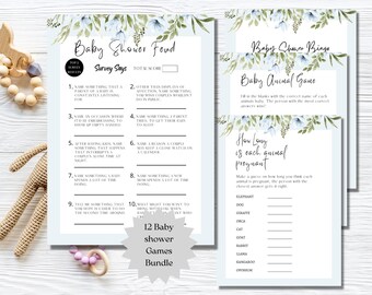 Puede incluir: Un conjunto de 12 juegos de baby shower imprimibles con un diseño floral azul y verde. Los juegos incluyen "Baby Shower Feud", "Baby Shower Bingo", "Baby Animal Game" y "How Long is Each Animal Pregnant".
