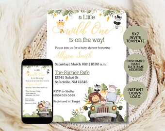 May include: A baby shower invitation with a jungle theme. The invitation features a green jeep with a lion, zebra, giraffe, elephant, and monkey riding in it. The text on the invitation reads "a Little wild One is on the way!" and "Please join us for a baby shower honoring Allyson Smith".