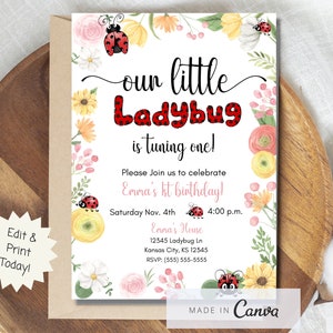 Ladybug invitation template, Editable ladybug invite, girls first birthday invitation, ladybug 1st birthday