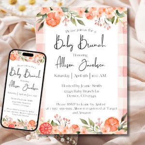Pink floral citrus baby shower invite, Citrus Baby Brunch Invitation, Citrus Oranges Baby Shower Invite, Bright Citrus Baby Brunch Invite