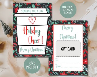 May include: A printable 5x7 inch Christmas gift card with a red and green floral design. The card says "Merry Christmas!" and "Gift Card" with a space to write "To:" and "From:".