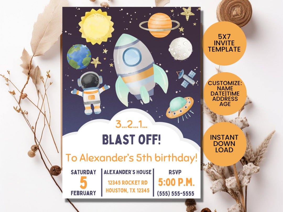 Rocket Inviation Rocket Birthday Invitation: Galaxy Theme Party (5x7 Template, Digital ...